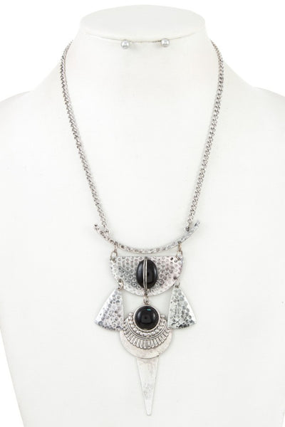 Tribal hammered metal with gem stone linked necklace set