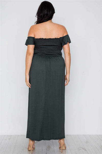 Plus Size Hunter Green Smoked Solid Maxi Dress