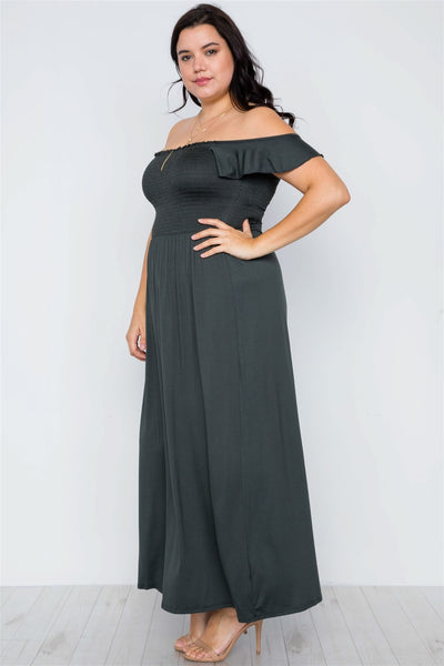 Plus Size Hunter Green Smoked Solid Maxi Dress
