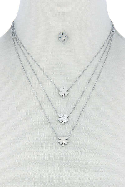 Triple Layer 4 Leaves Clover Necklace And Earring Set
