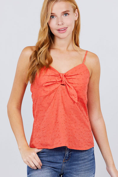 V-neck w/front bow tie eyelet woven cami top