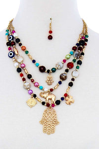 Multi Bead And Hamsa Hand Pendant Necklace