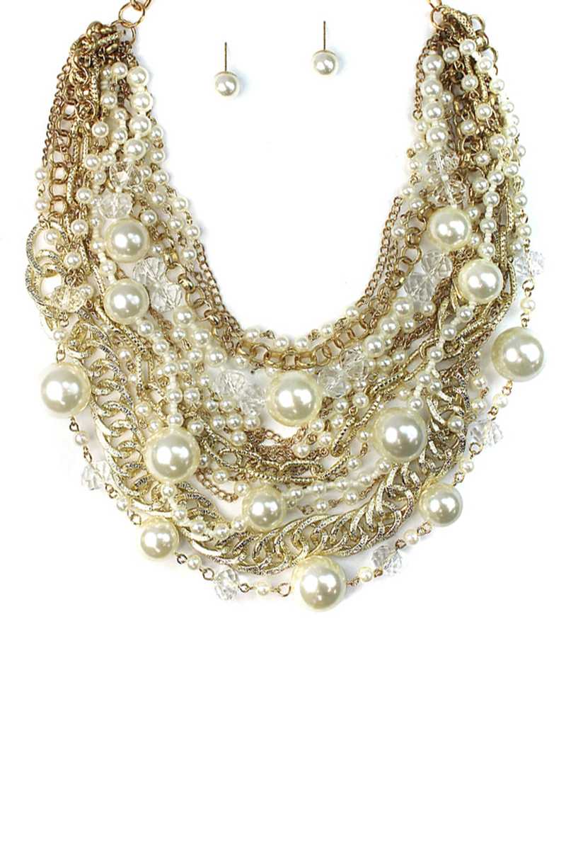 Chunky Pearl Metal Layered Necklace Earring Set