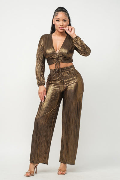 Foil Plisse Tunnel Shirring Top And Pants Set